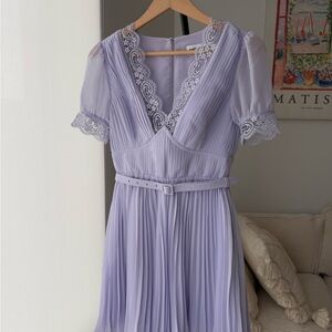 Self-Portrait Purple Mini Sundress with Puff Sleeves and V-Neck